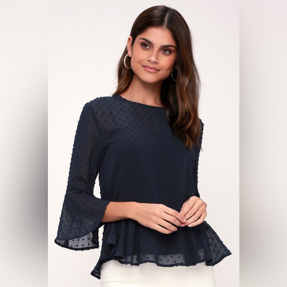 Lulus sz S navy blue sheer blouse Swiss dots 3/4 length bell sleeves